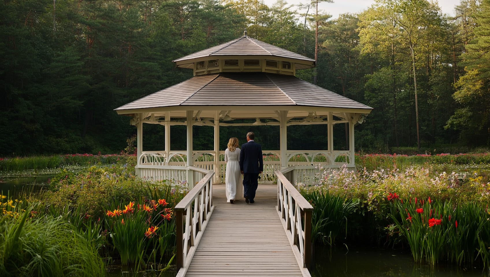 A couple strolling toward a white gazebo at the edge of a quiet pond framed by evergreens