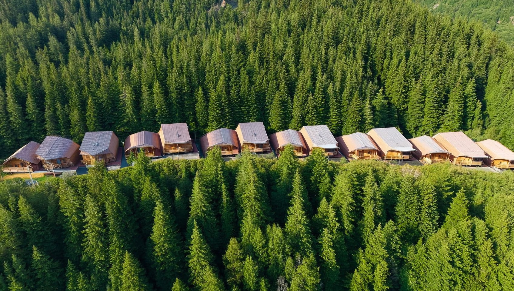Aerial drone view of a row of deluxe cedar cabins nestled among the evergreens
