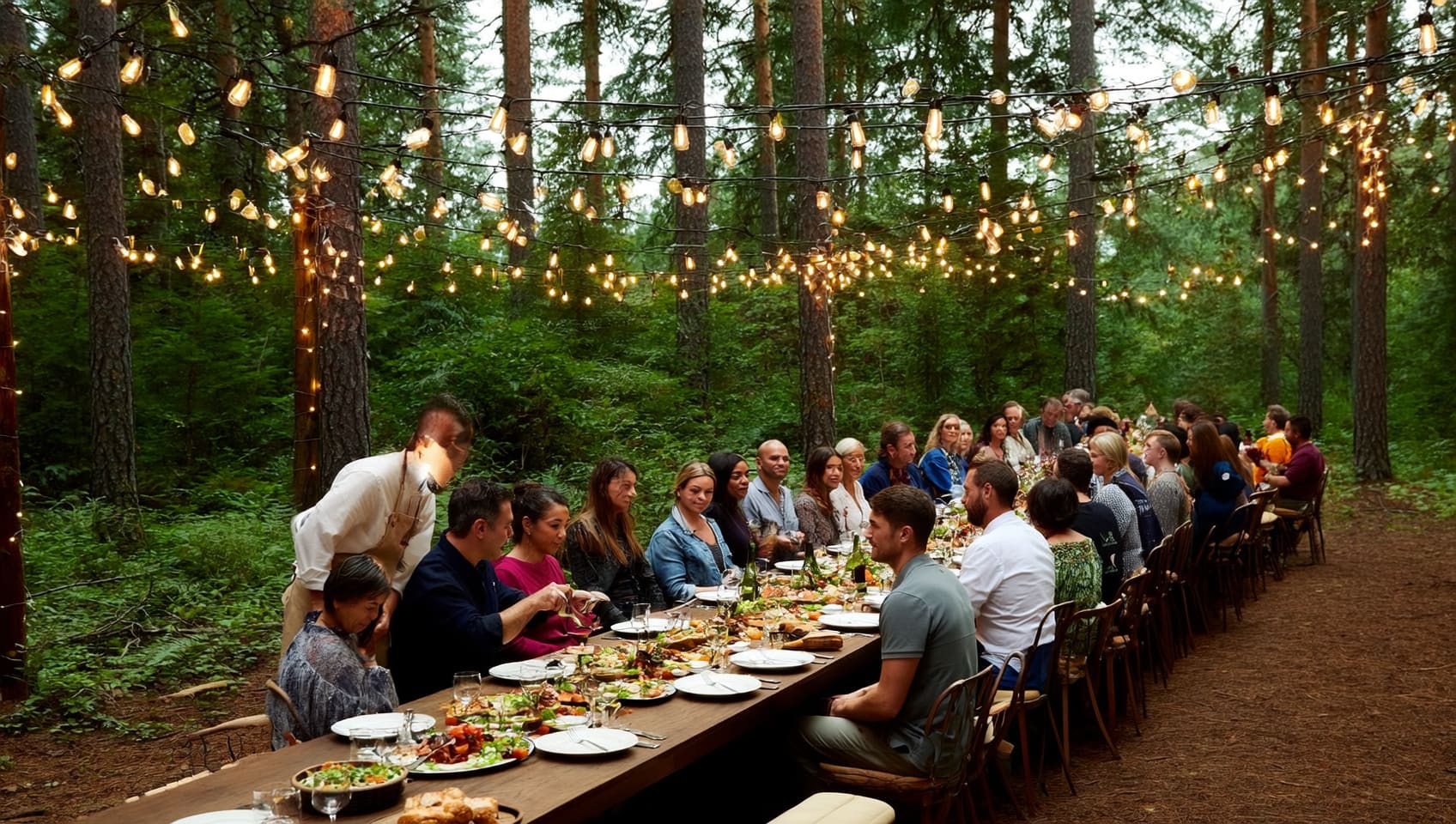 A large group seated at a long outdoor dinner table strung with lights beneath the trees
