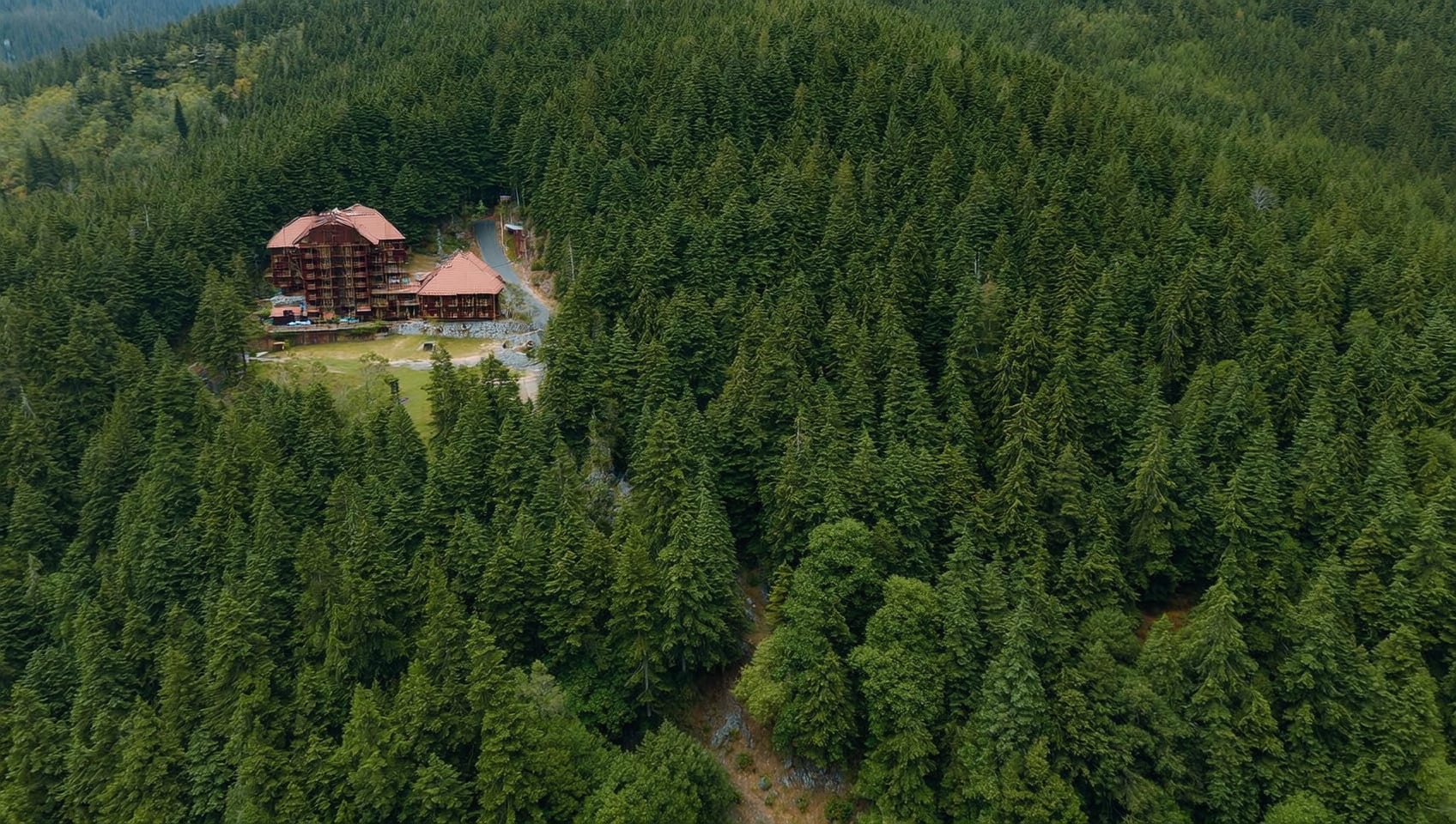 Aerial view of a forested resort property with cabins, a lodge, and a pond