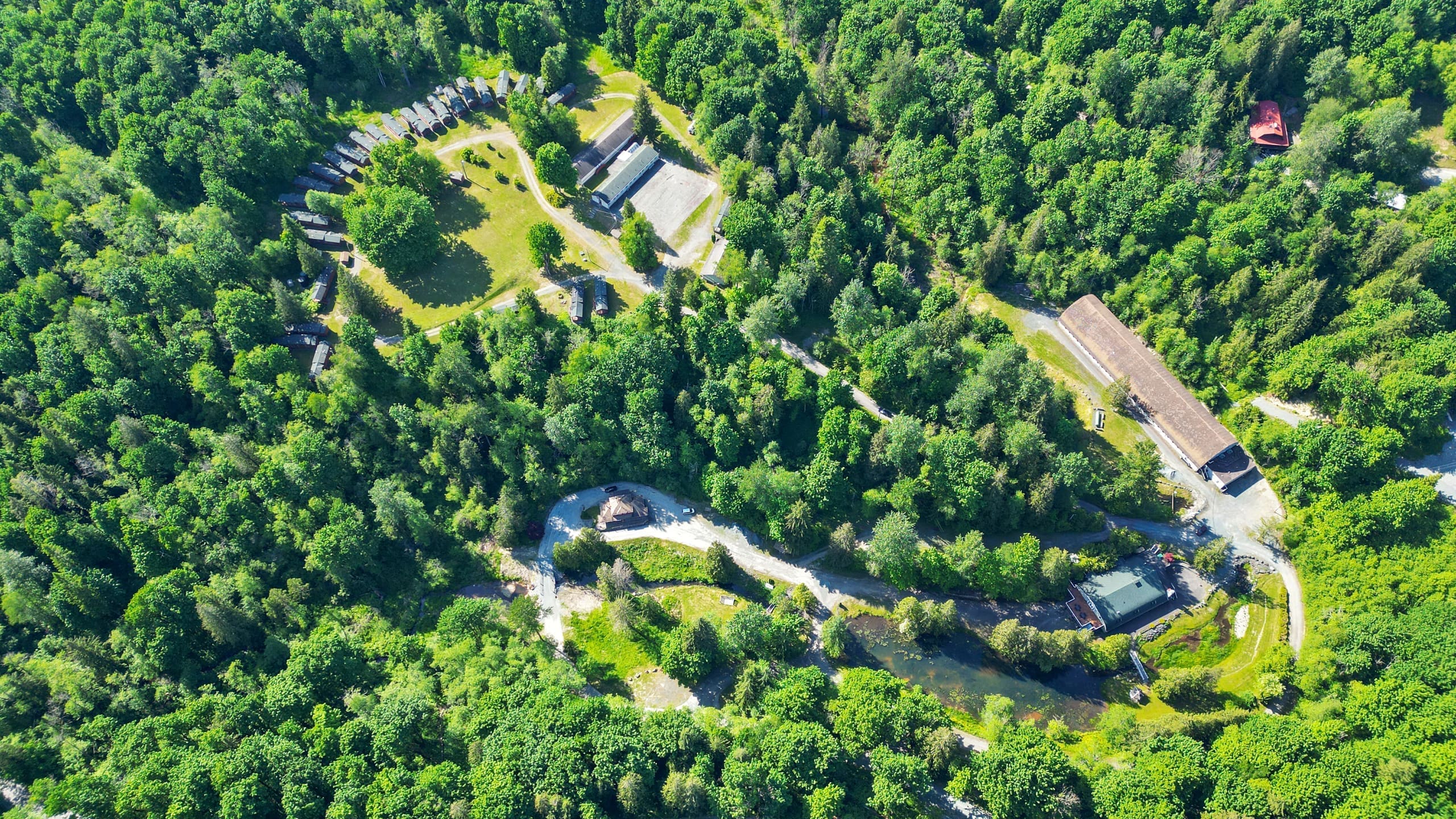 Aerial view of the resort grounds enveloped by forest