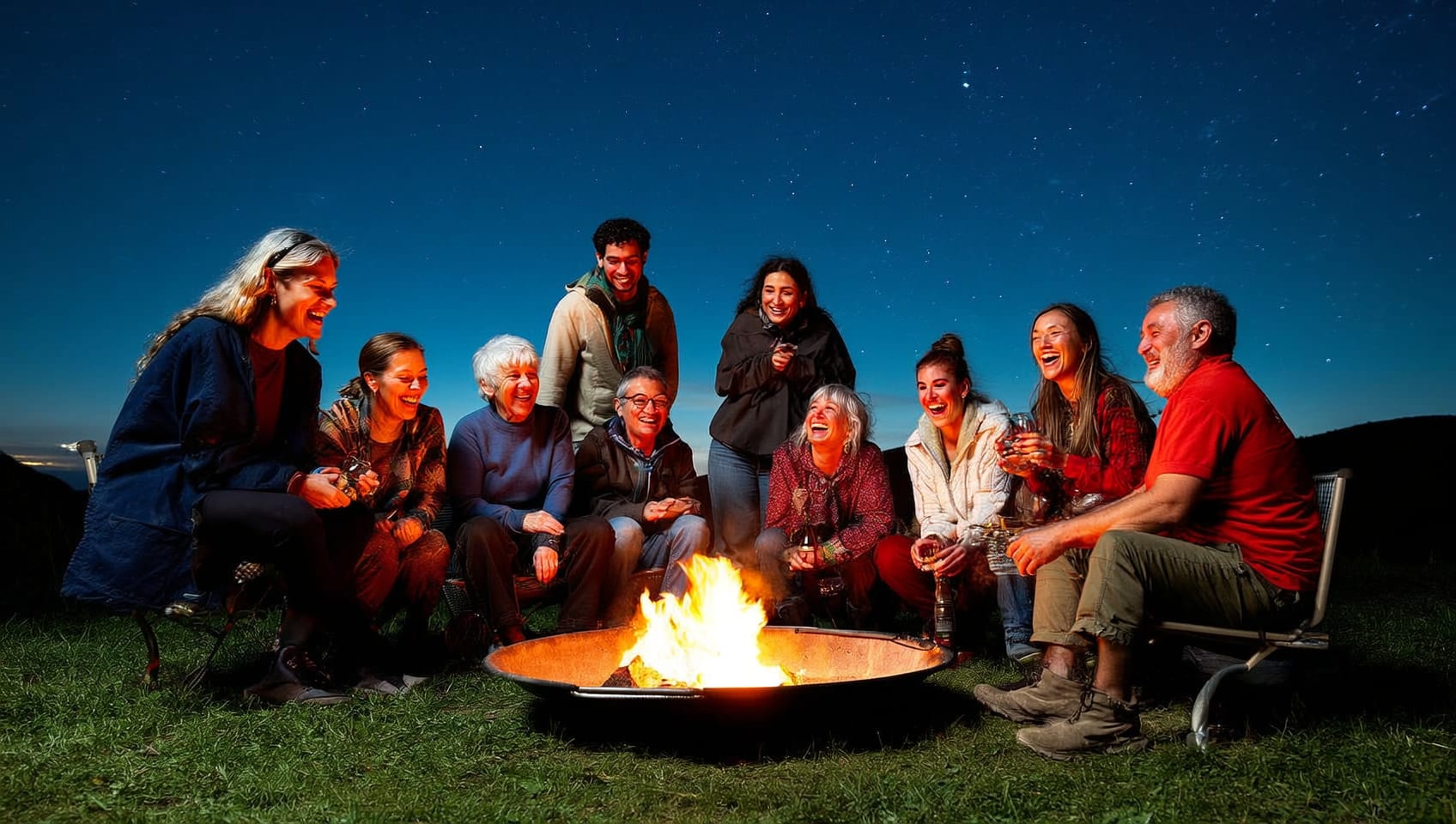Friends gathered and laughing around a glamping fire pit under a starlit sky