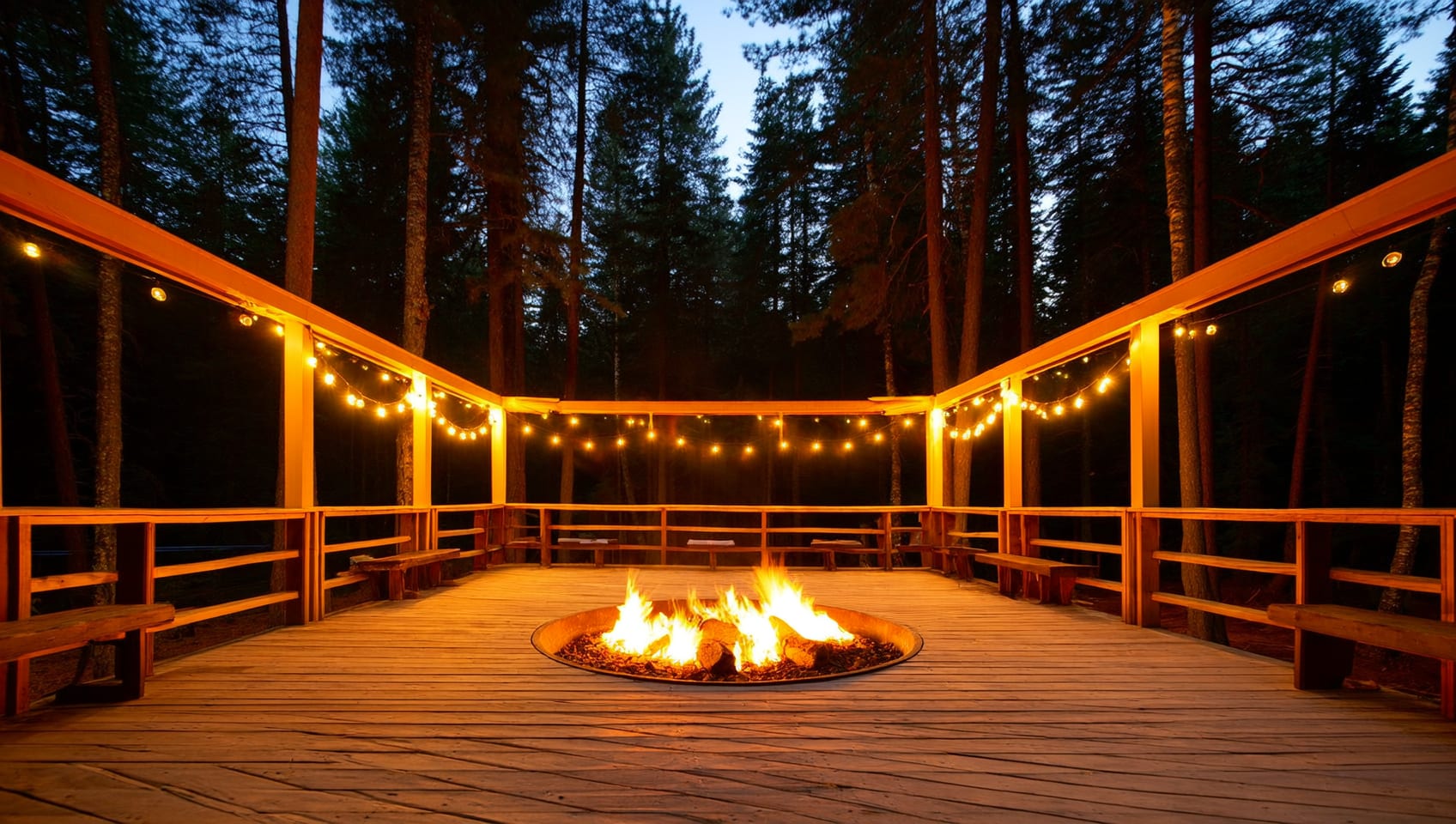 Two chairs and a fire pit on a wooden deck under string lights in the forest at dusk