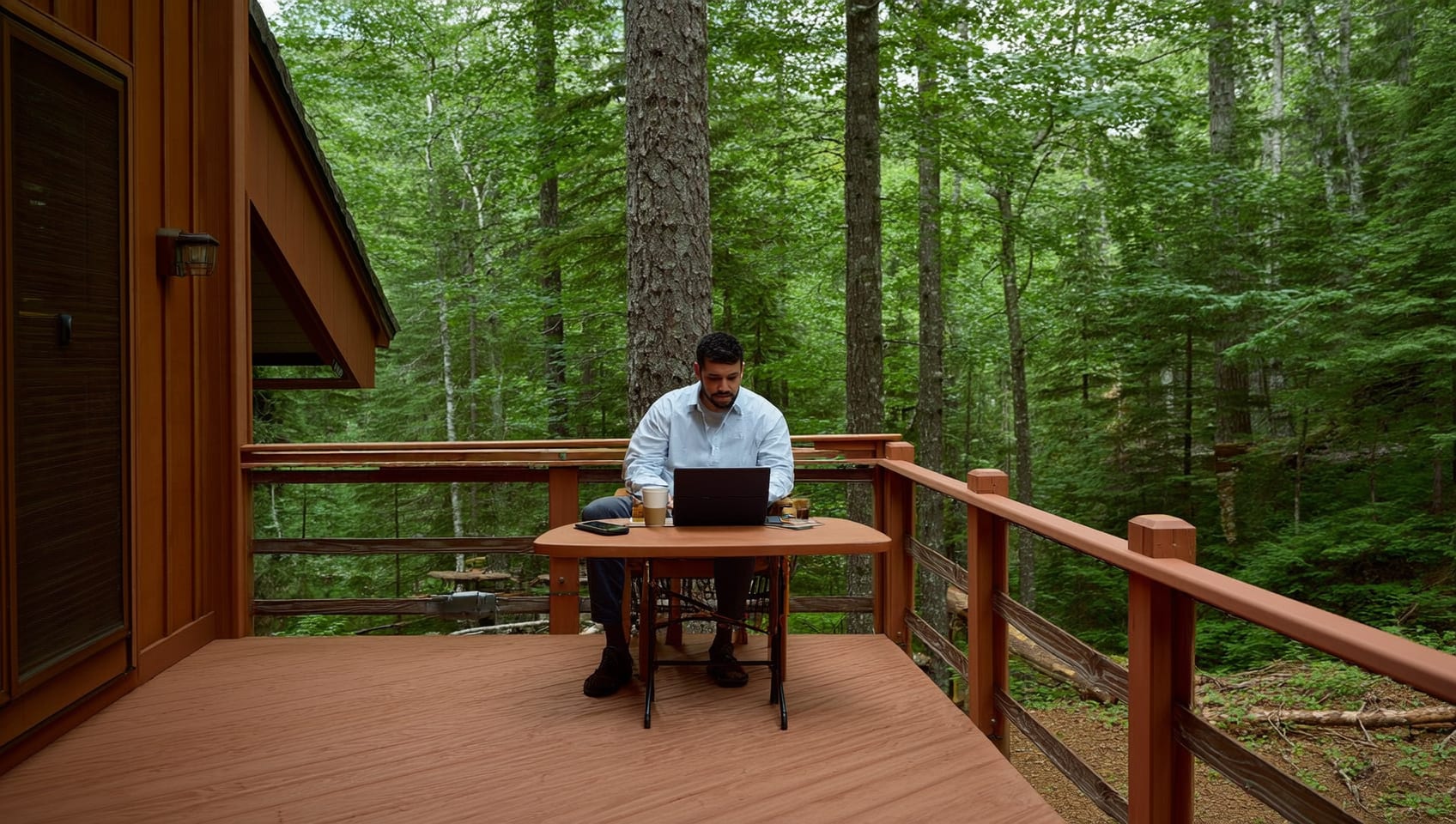 A guest working on a laptop with coffee on a different cabin porch surrounded by forest
