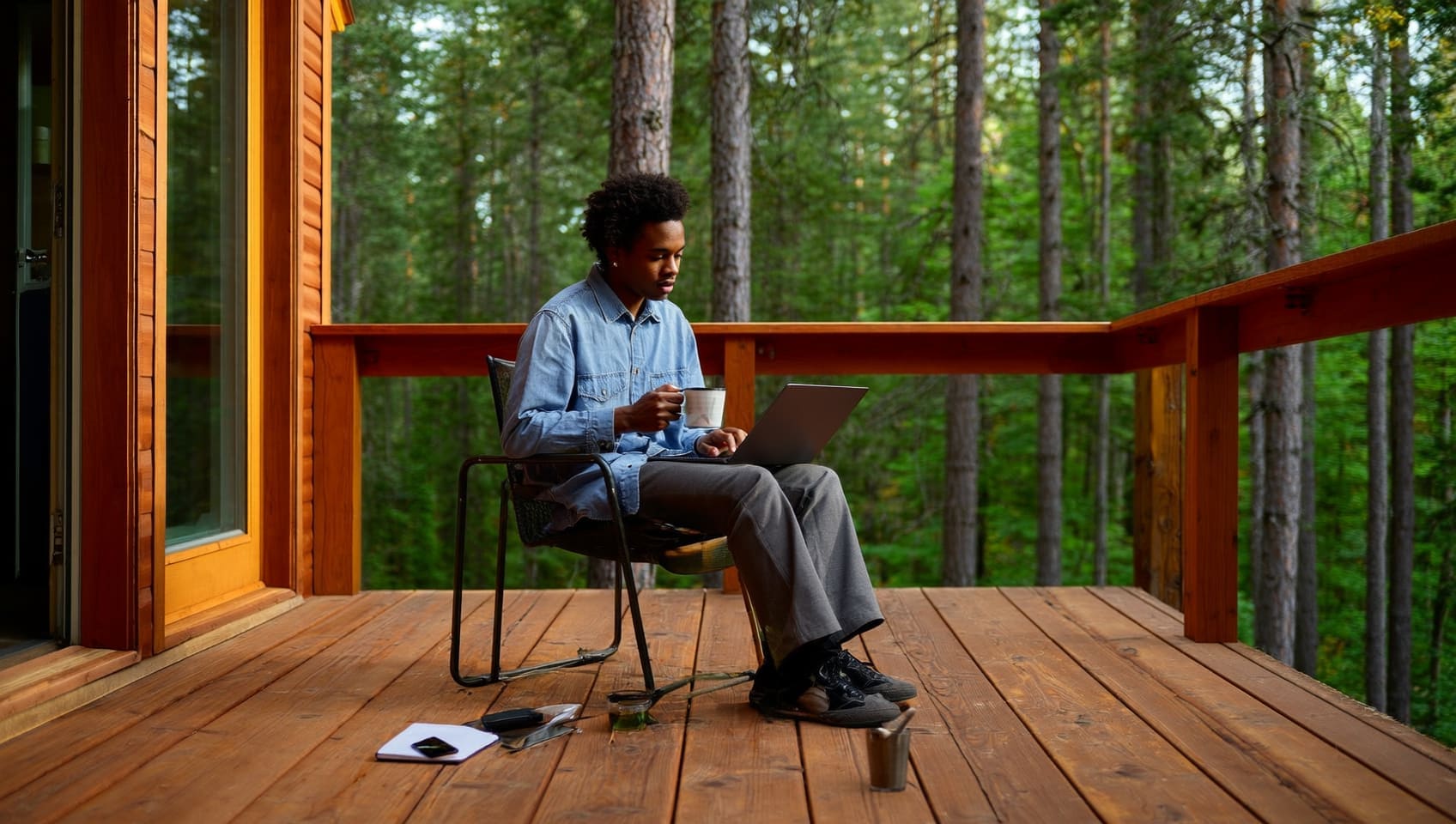 A guest working on a laptop with coffee on a cabin porch surrounded by forest